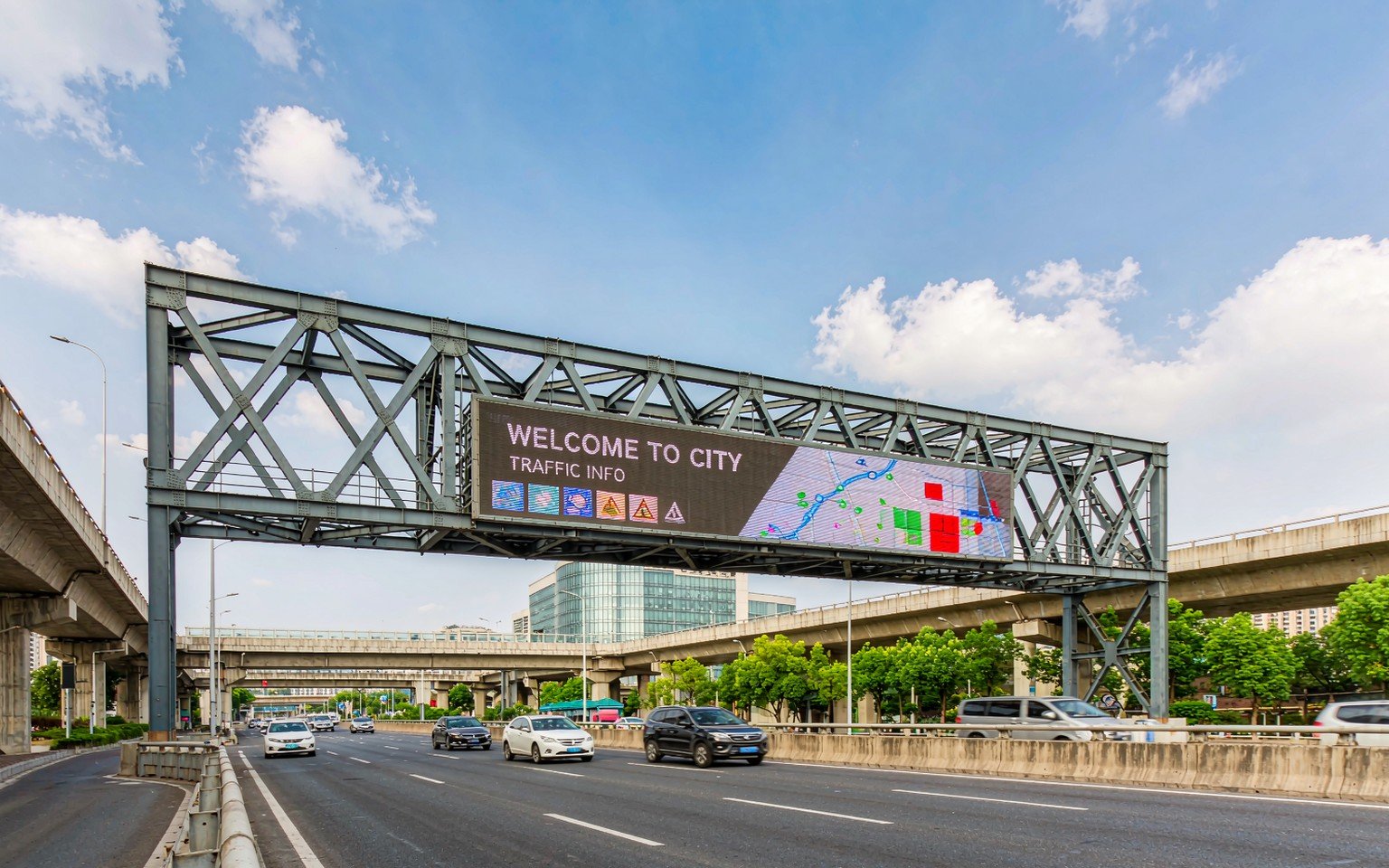 Digital bridge display over an urban road