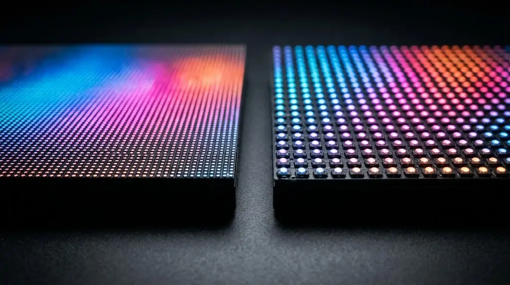 LED pixel pitch comparison - fine pitch vs coarse pitch LED modules close-up
