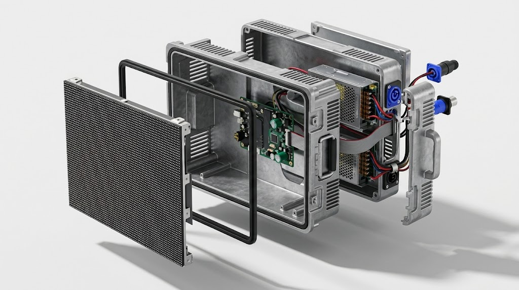Outdoor LED display cabinet cutaway showing module, seal and aluminum chassis